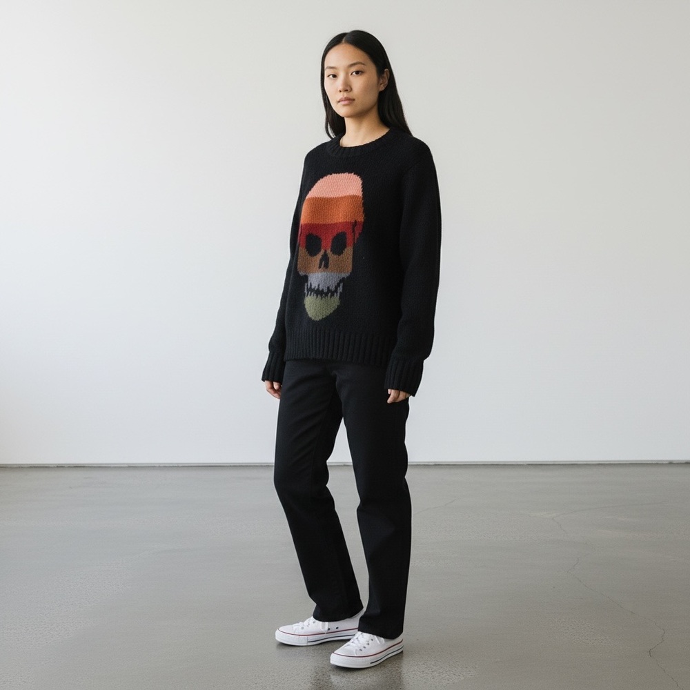 Wooden Ships AUTUMN STRIPE SKULL CREWBLACK SWEATER BLACK Size S/M